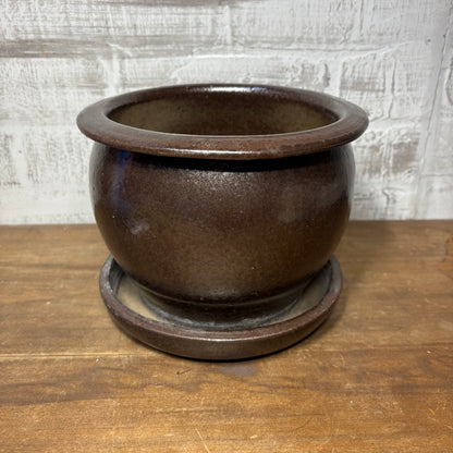 Brown Glaze Clay Pot W/ Attached Saucer