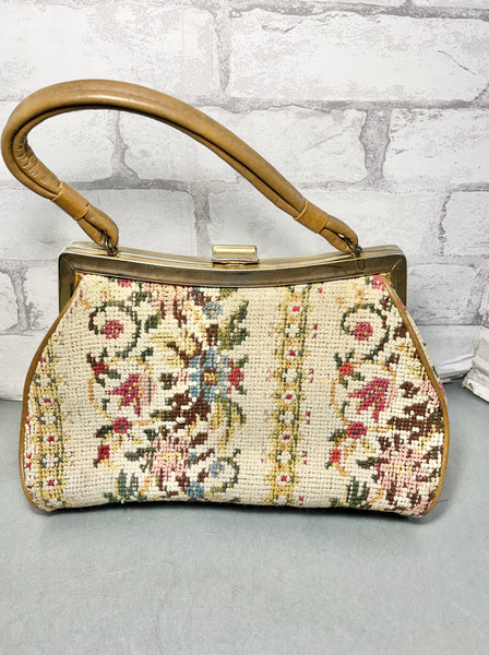 Mid-Century Embroidered Needlepoint Floral Tapestry Handbag