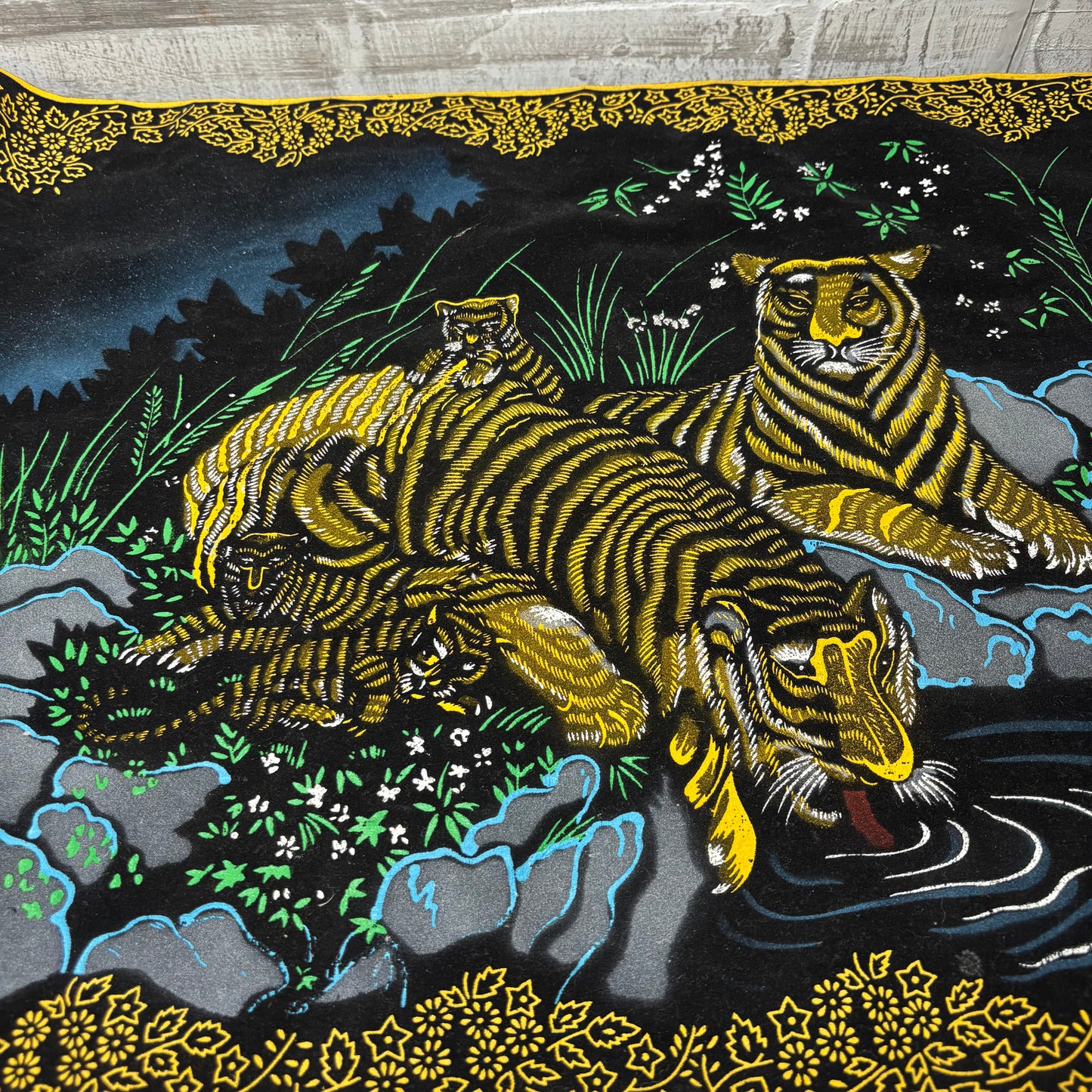 Vintage Black Velvet Tiger By Water Stream Tapestry