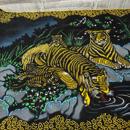 Vintage Black Velvet Tiger By Water Stream Tapestry