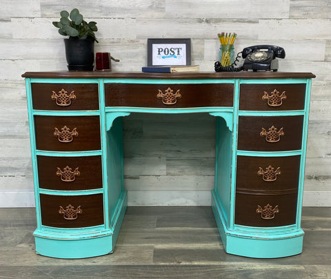 Antique Teal & Dark Wood Desk