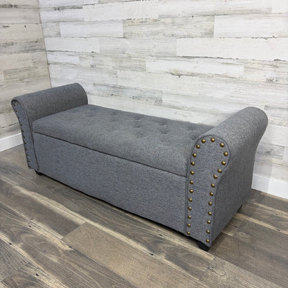 Gray storage bench, angled view