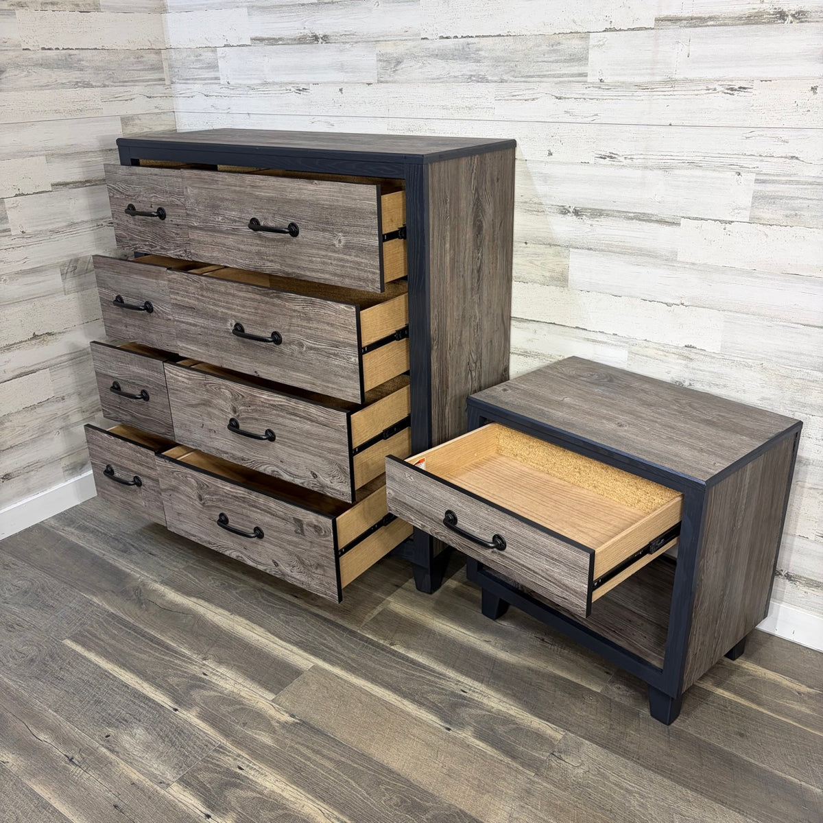 Dresser and nightstand with drawers open