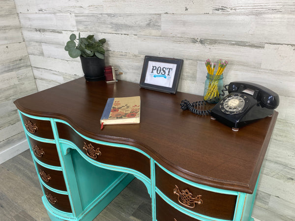 Antique Teal & Dark Wood Desk