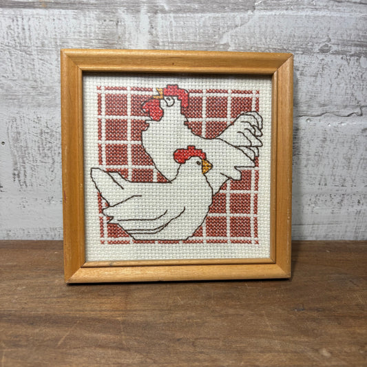 Vintage Cross Stitch Chicken/ Hens Framed Wall Decor