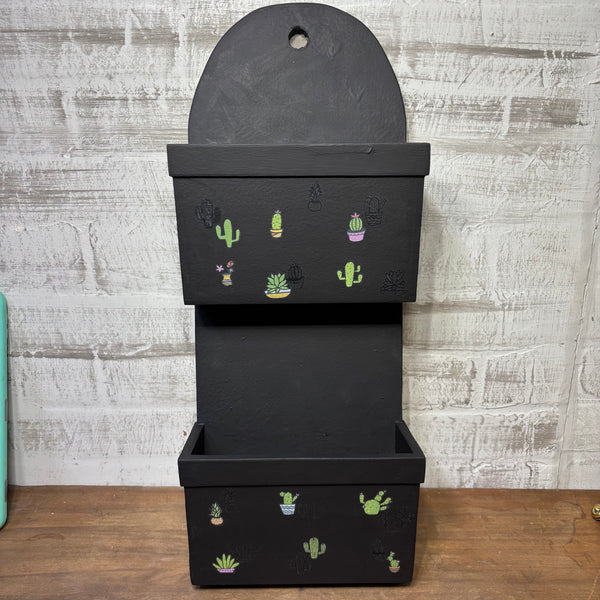 Black with Cactus Detailing Wooden Wall Pocket Storage Hooks & Rack