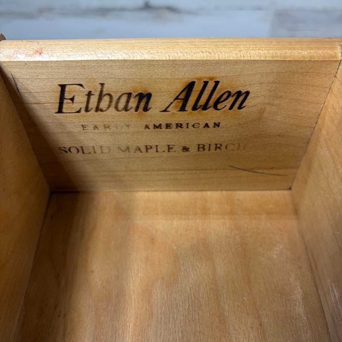 Ethan Allen Early American solid maple and birch drawer stamp