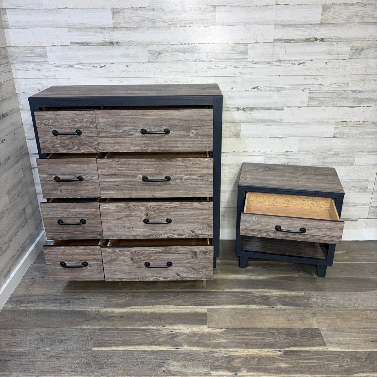 Dresser and nightstand, drawers partially open