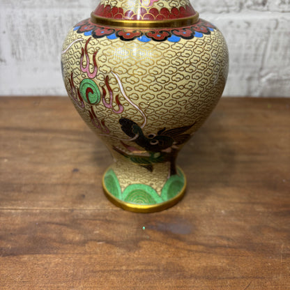 Vintage Cloisonné Asian Dragon Design Brass Vase