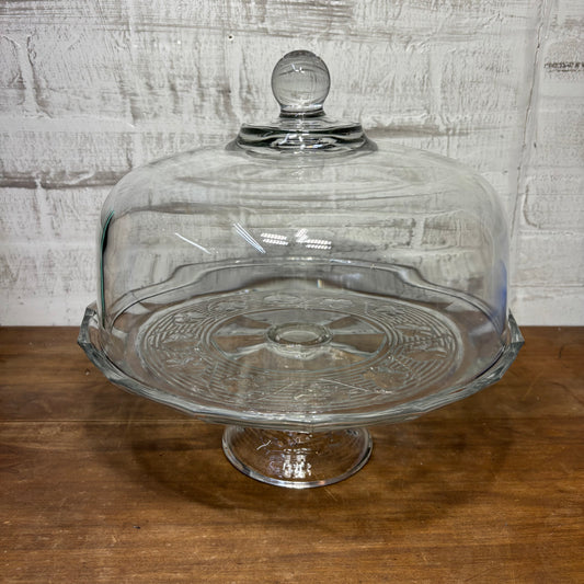 Vintage Anchor Hocking Avalon Footed 2pc Glass Cake Stand W/ Dome