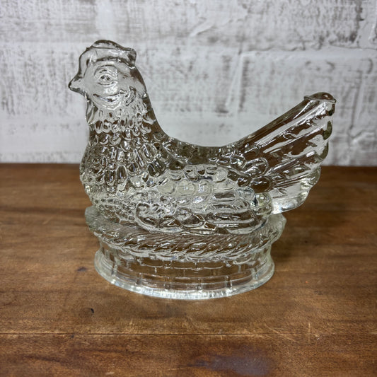 Vintage Figural Glass Hen In Nest Chicken Candy Container J.H. Millstein