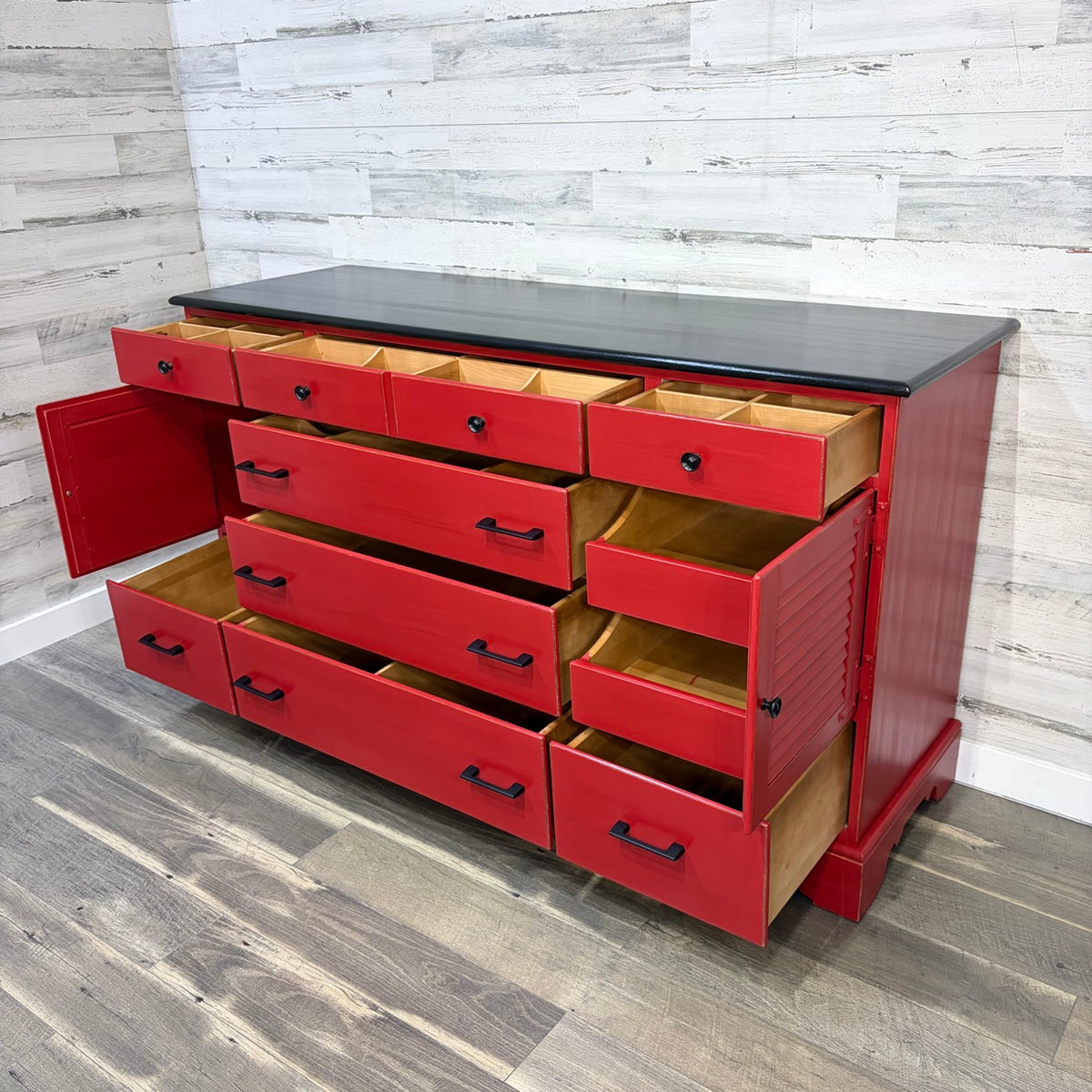 Buffet with drawers open, angled view