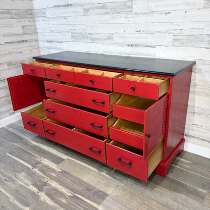 Buffet with drawers open, angled view