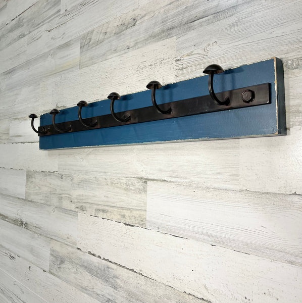 Blue Farmhouse Coat Rack W/ Iron Hooks