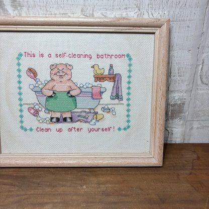 Hand Made Cross Stitched "Self Cleaning Bathroom" Wall Art