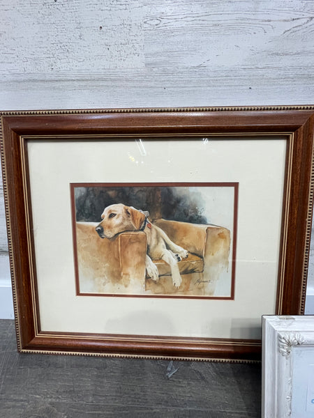 Framed Barbara Shipman “Tired Dog” Yellow Lab Painting