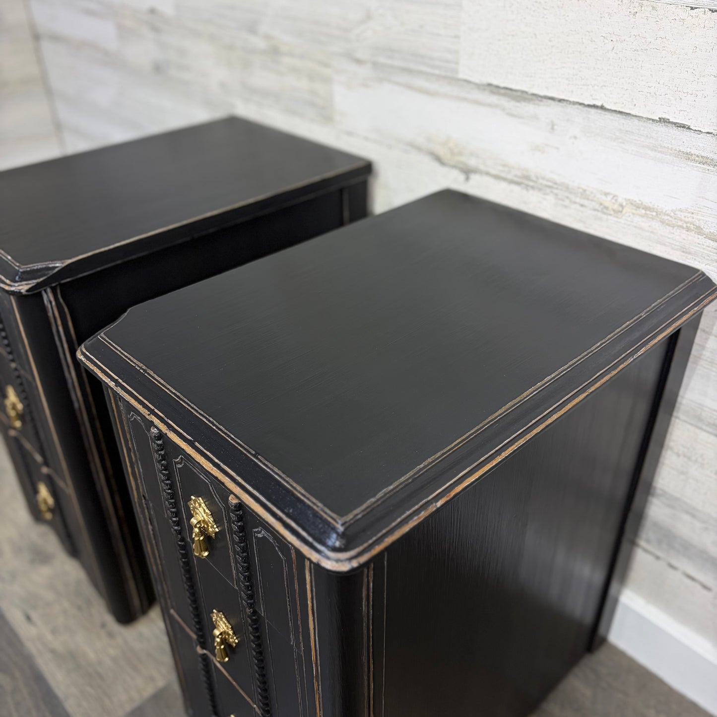 Set Of 2 Antique Black Nightstands