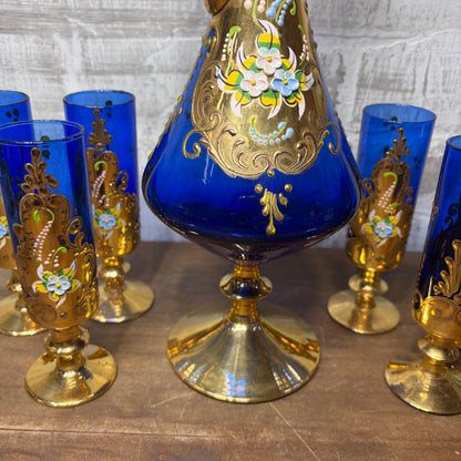 Vintage Venetian Italian Colbalt Blue Hand painted Decanter and Six Glasses