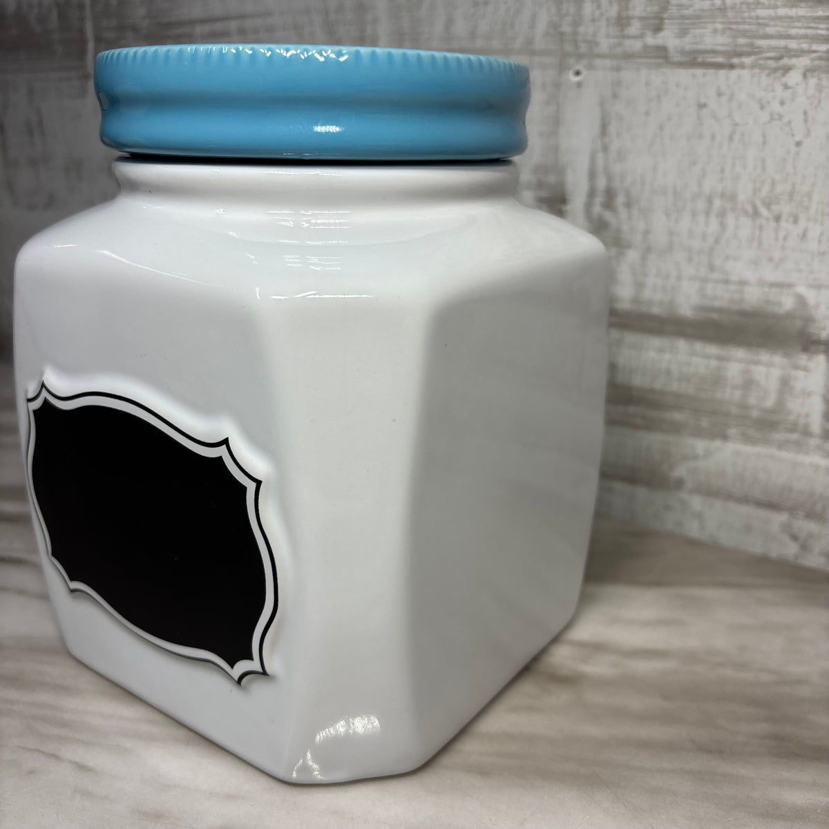 White Ceramic Canister W/ Blue Lid Chalkboard Label-Large