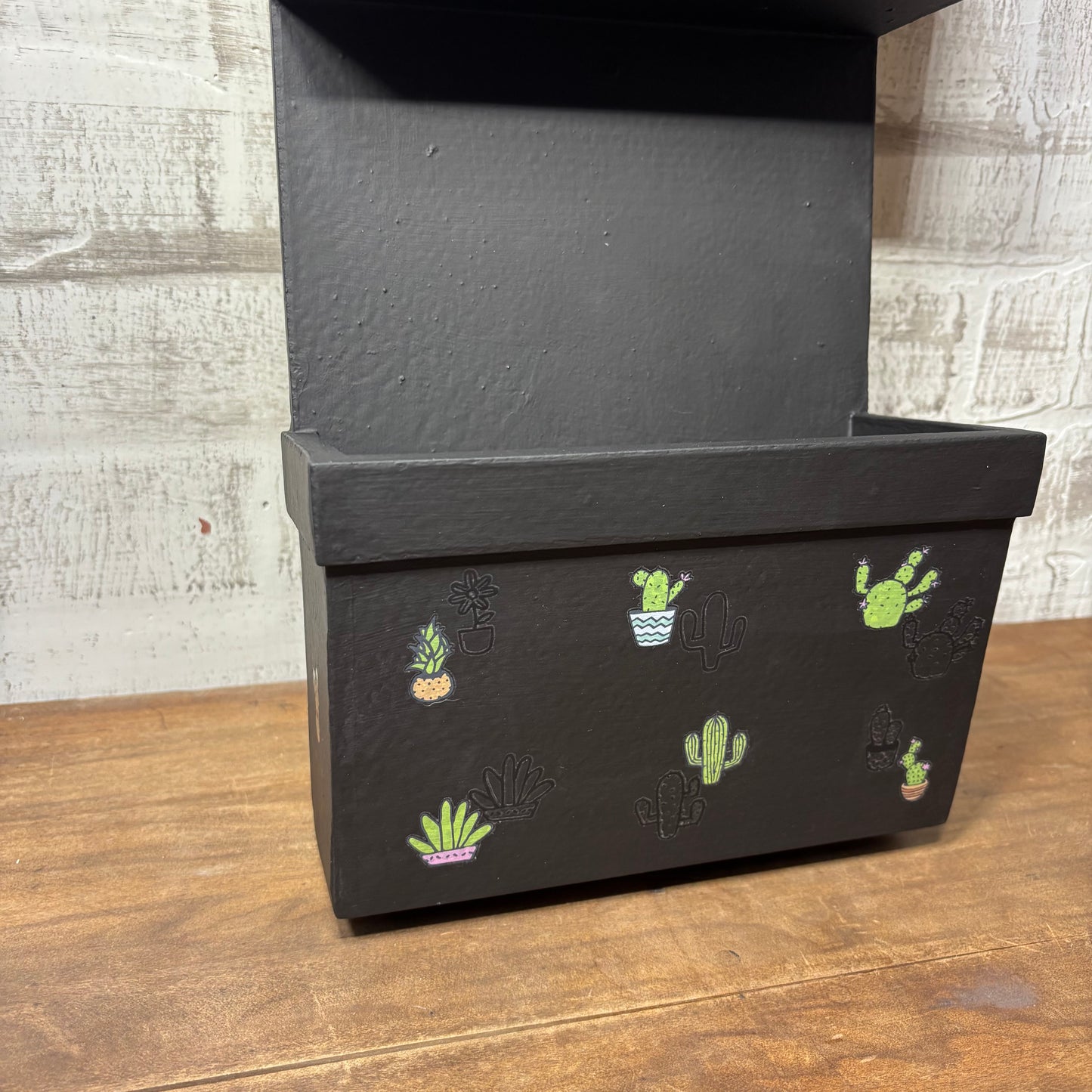 Black W/ Cactus Detailing Wooden Wall Pocket
