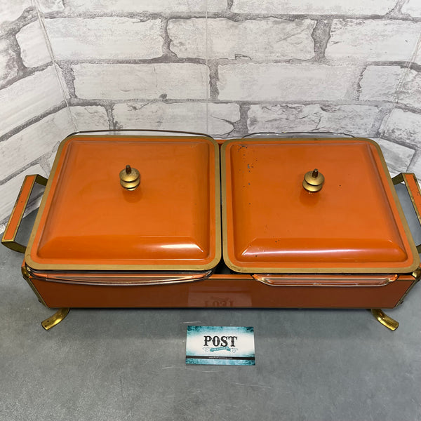 Vintage Rare Double Enamel Orange Fire King Chafing/Serving Dish