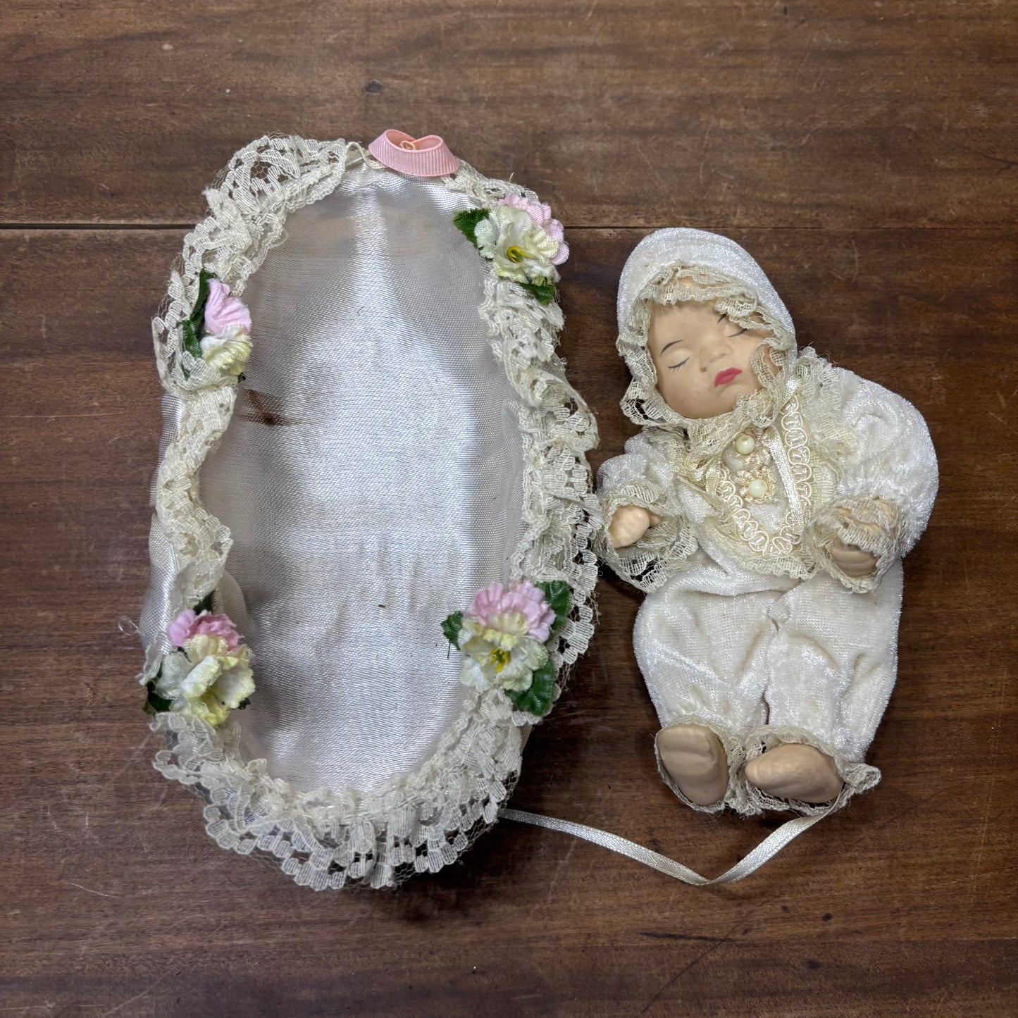 Vintage Porcelain Baby Doll in Bassinet Wicker Crib Basket