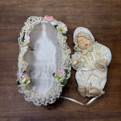 Vintage Porcelain Baby Doll in Bassinet Wicker Crib Basket