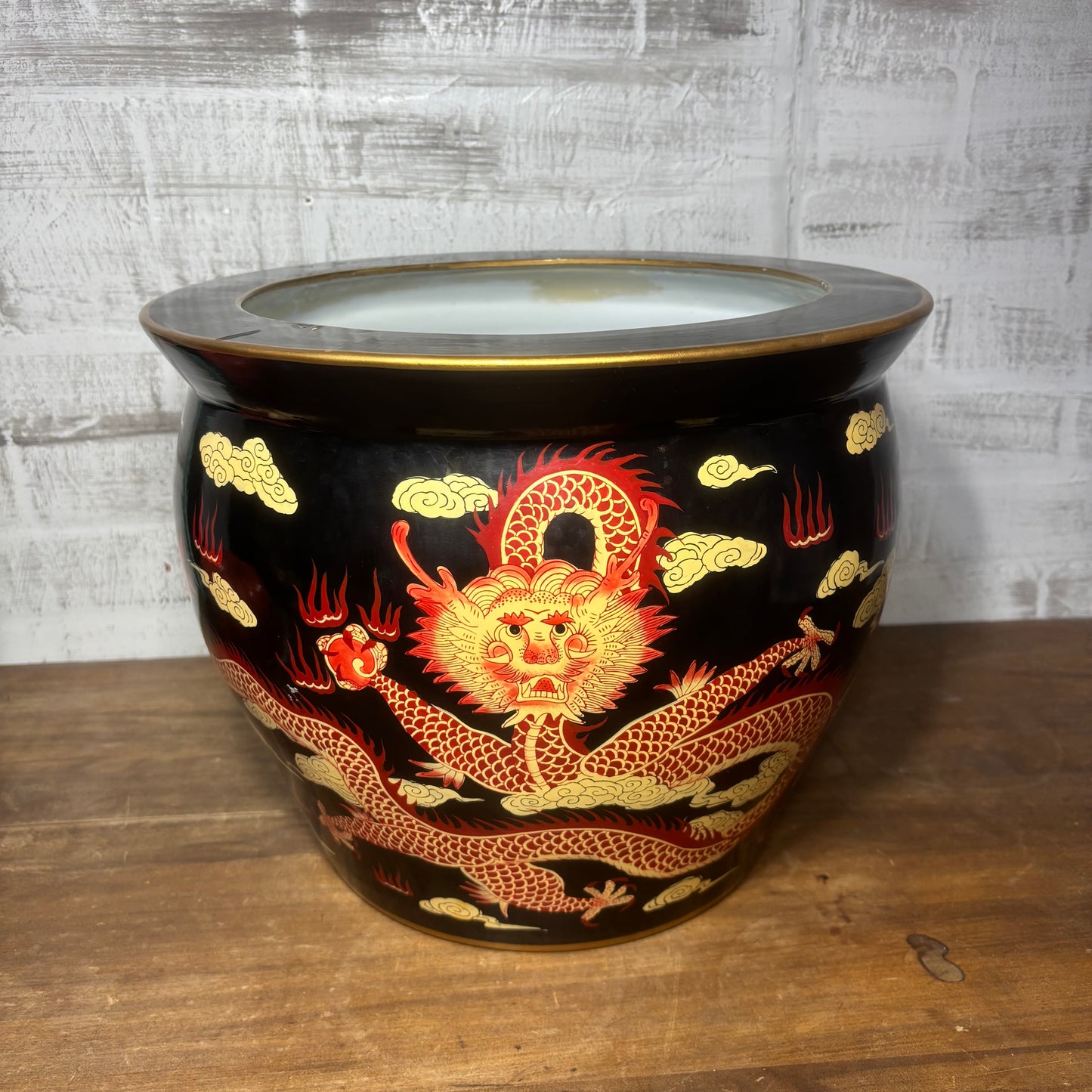 Rare Bombay Oriental Red Gold & Black Dragon Porcelain Fishbowl Planter Pot