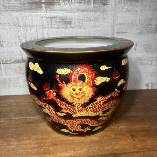 Rare Bombay Oriental Red Gold & Black Dragon Porcelain Fishbowl Planter Pot