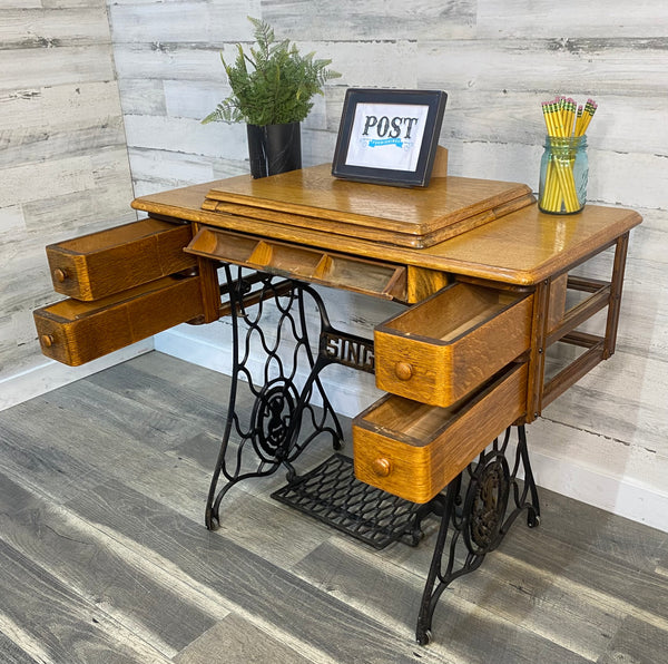 Antique Singer Sewing Machine & Desk