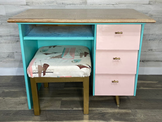 Teal & Pink Mid Century Vanity Desk Set