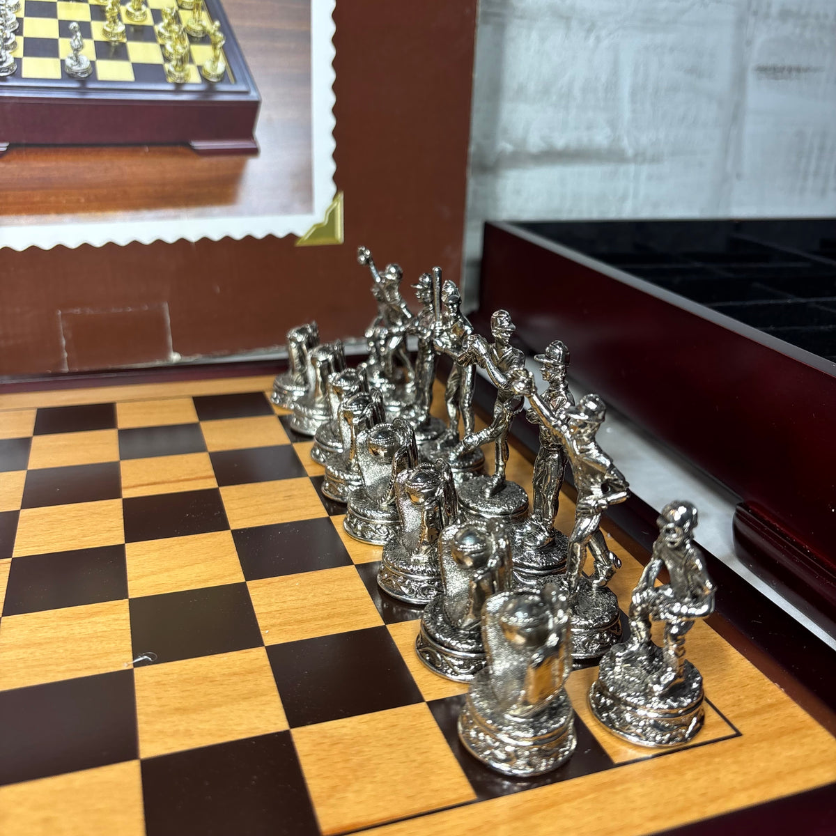 Vintage Merkury Gaming Baseball Chess Set with Wooden Storage Box