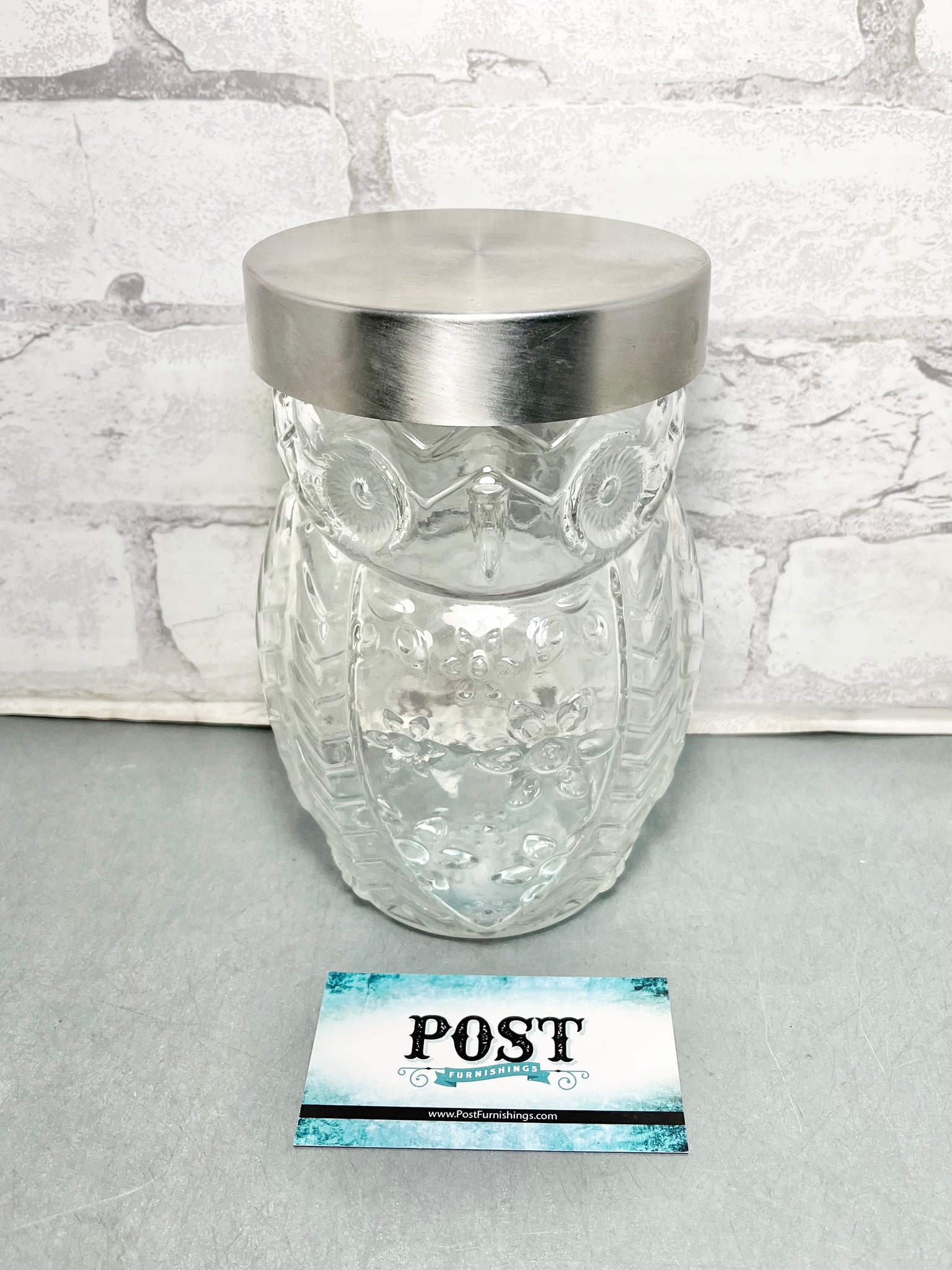 Owl Canister Glass Jar W/ Silver Screw On Lid