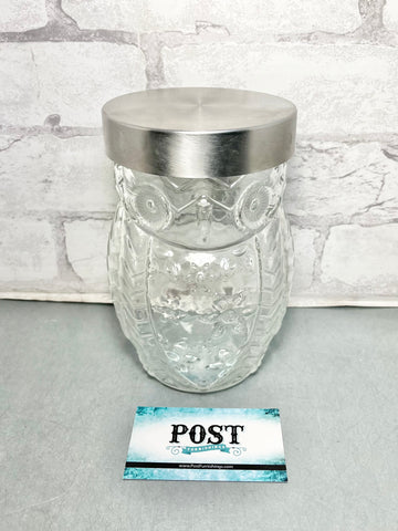 Owl Canister Glass Jar W/ Silver Screw On Lid