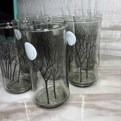 Smoked Gray Black Tree Moon Design Set Of 8 Glasses