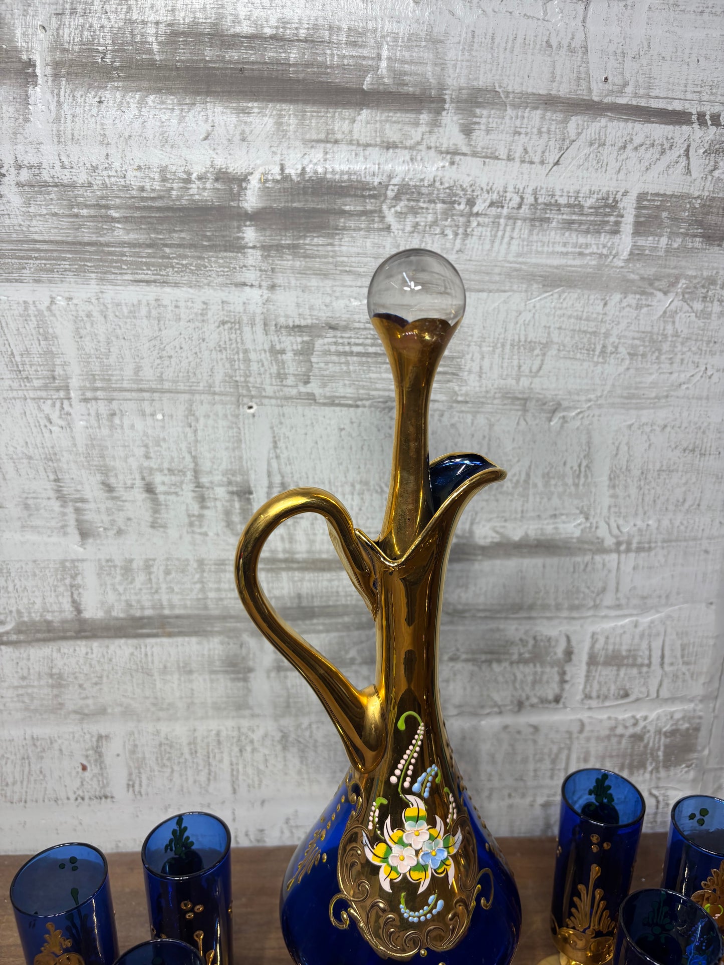 Vintage Venetian Italian Colbalt Blue Hand painted Decanter and Six Glasses