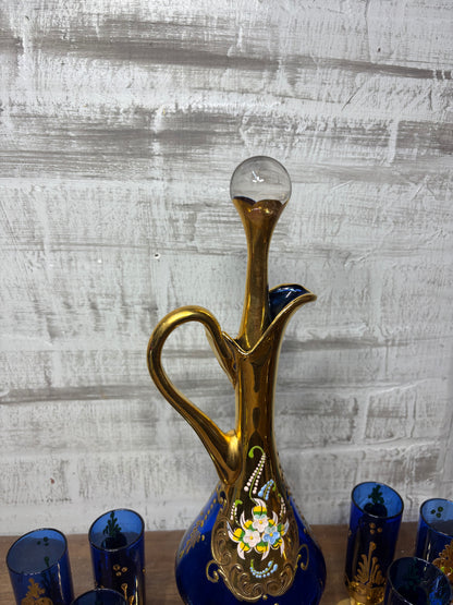Vintage Venetian Italian Colbalt Blue Hand painted Decanter and Six Glasses