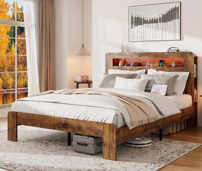 Wood Platform Queen Bed Frame with Illuminated Headboard, Charging Station, No Box Spring Needed, Dark Brown New