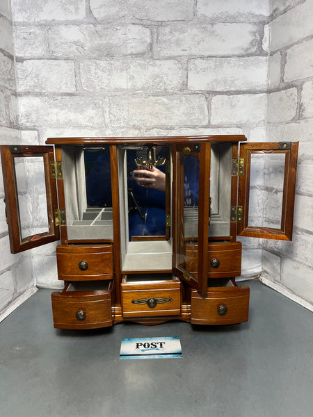 Vintage Wood Jewelry Box Hutch With Glass Doors