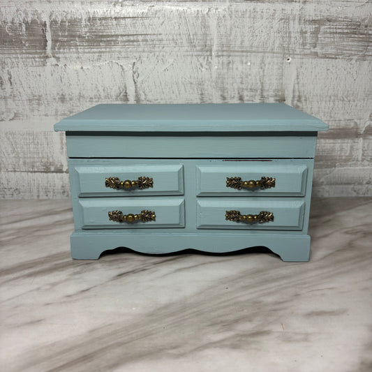 Vintage Blue Gray Wooden Musical Jewelry Box Made in Japan