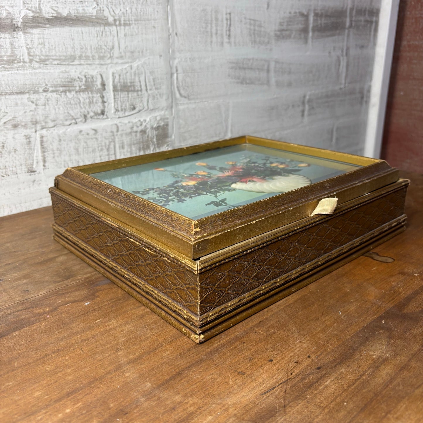 Vintage Wooden Jewelry Box W/ Flowers in Vase Picture