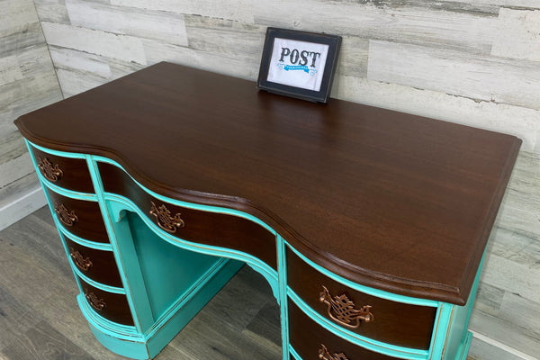 Antique Teal & Dark Wood Desk