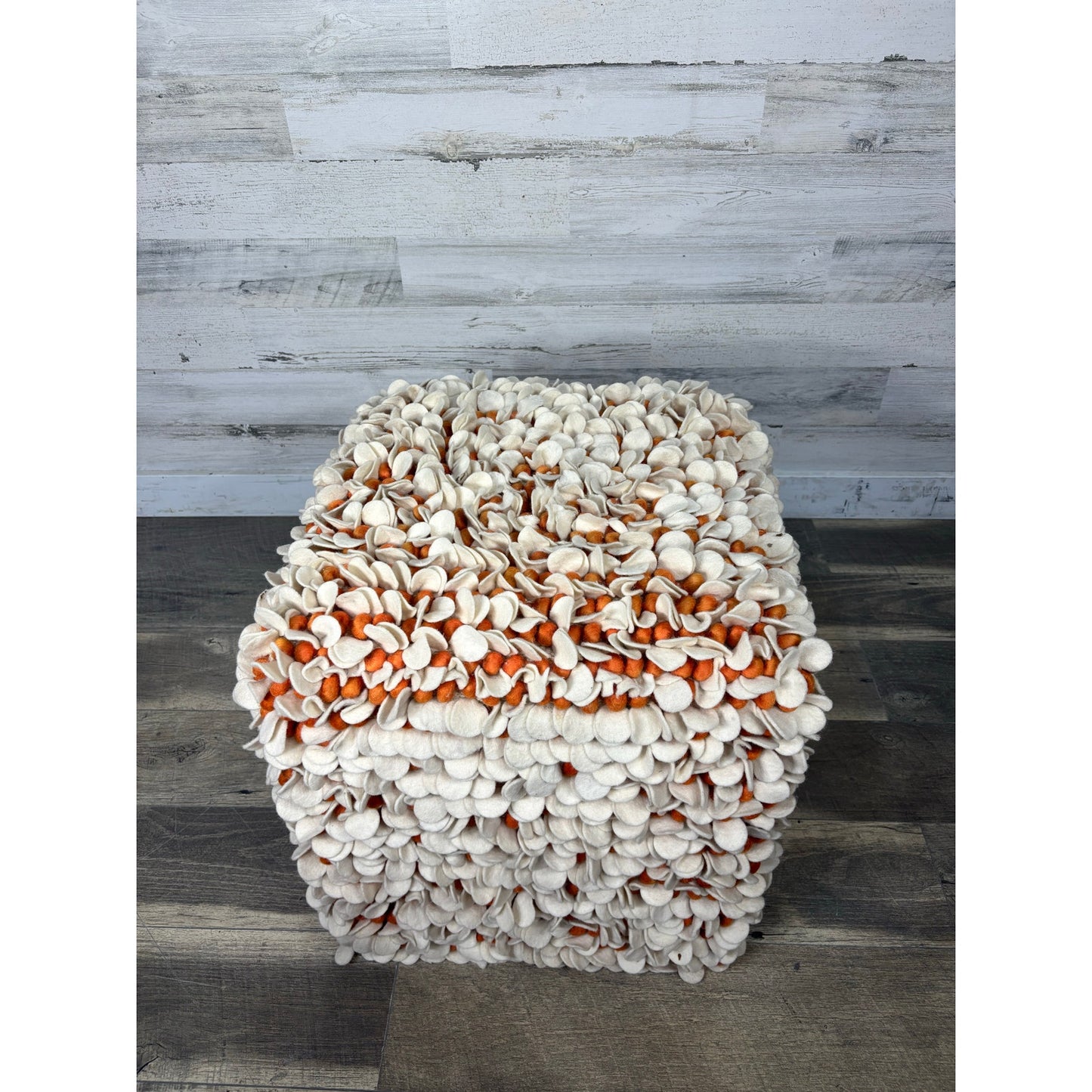 Modern Wool Pouf White & Orange