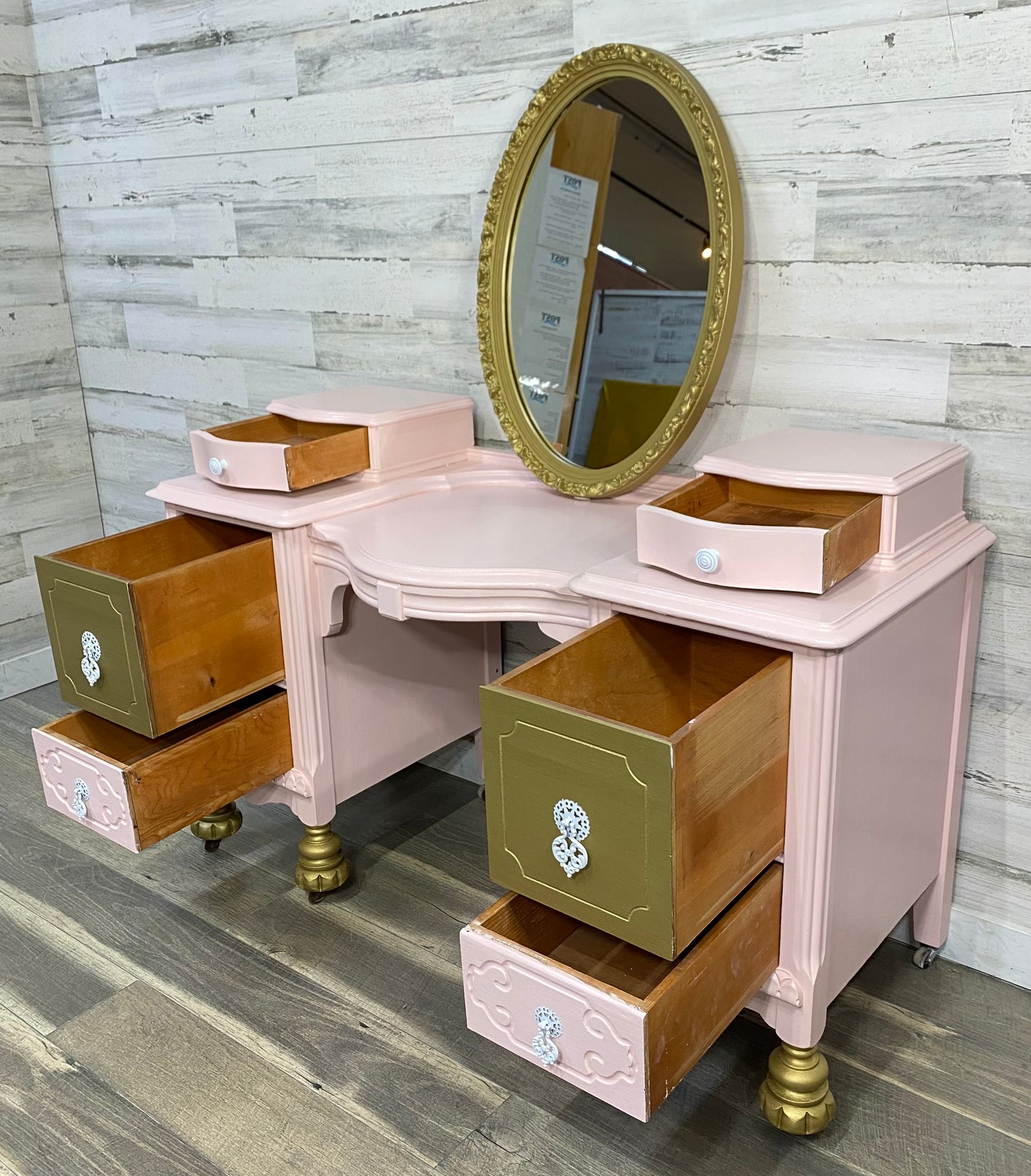 Pink & Gold Antique Vanity Desk & Mirror