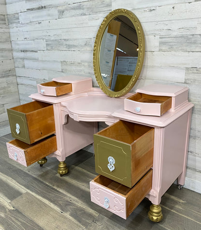 Pink & Gold Antique Vanity Desk & Mirror