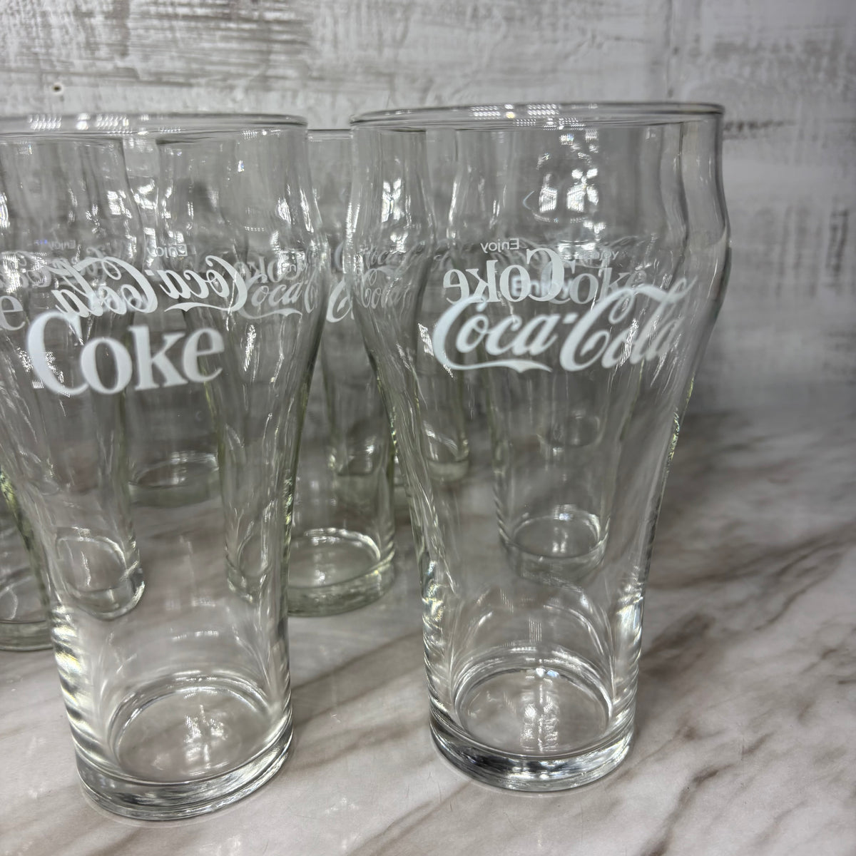 Vintage Coca-Cola White Logo "Enjoy Coke" Clear Drinking Glass Set Of 13