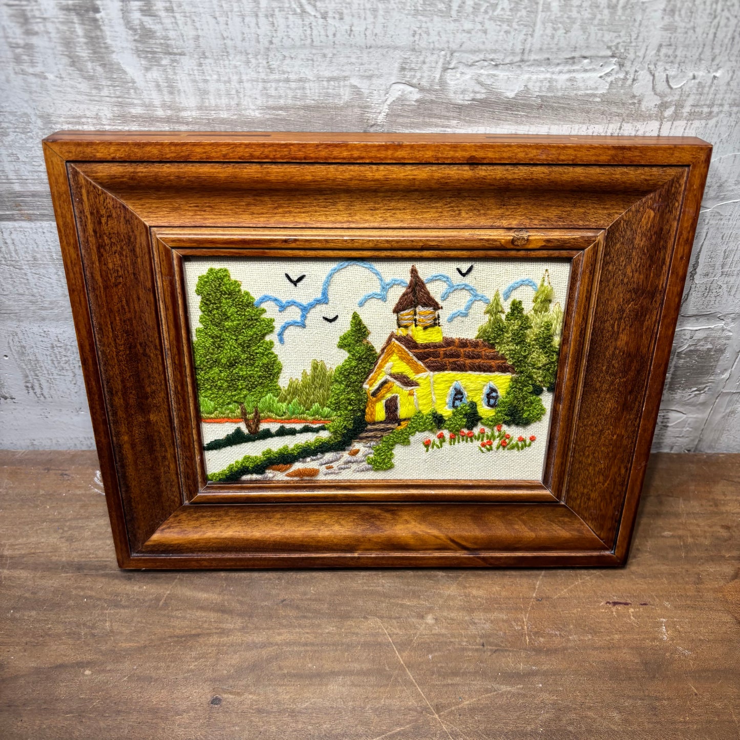 Vintage “Woodside Church” Crewel Framed Embroidery