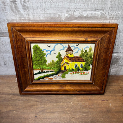 Vintage “Woodside Church” Crewel Framed Embroidery