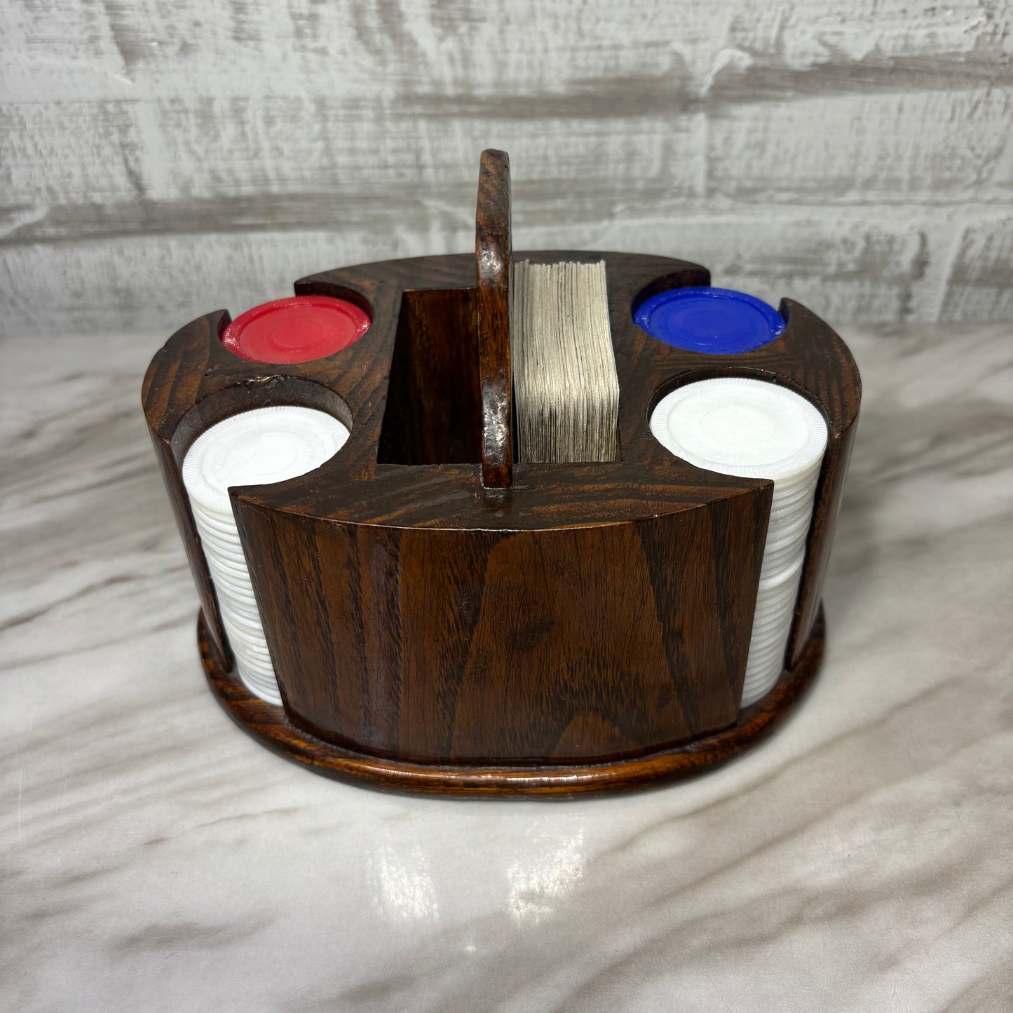 Vintage Oval Wooden Poker Chip Card Holder Caddy