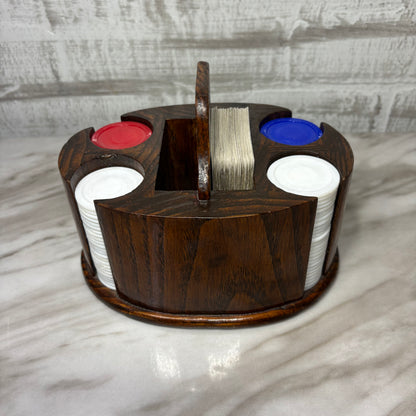 Vintage Oval Wooden Poker Chip Card Holder Caddy